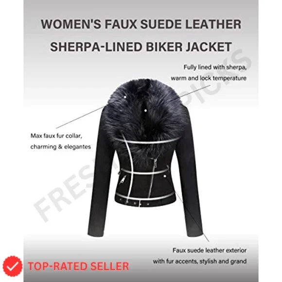 Faux Leather Moto Jacket Sherpa Lined Removable Belt Women's Coat - Picture 3 of 7